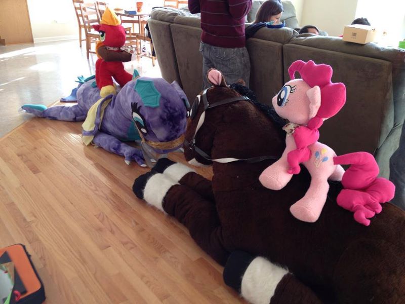 Stuffed horse, dragon, ponies